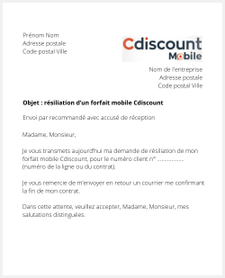 la lettre pour resilier un forfait cdiscount mobile