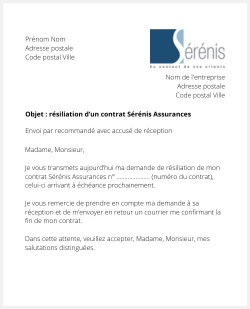 la lettre pour resilier un contrat serenis assurances