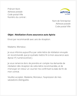 lettre resiliation contrat auto apivia