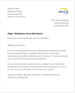 la lettre pour resilier une gav apivia