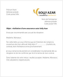 lettre resiliation assurance auto solly azar