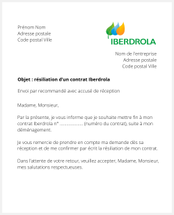 la lettre pour resilier une offre delectricite iberdrola