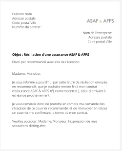 la lettre pour resilier une assurance asaf et afps