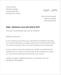 la lettre pour resilier une gav asaf afps