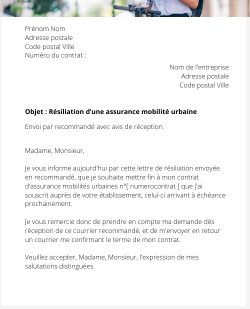 la lettre pour resilier une assurance mobilite urbaine