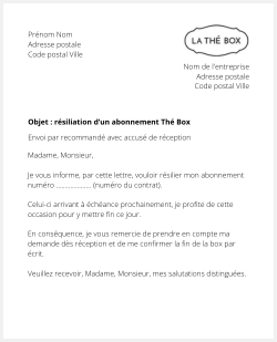 la lettre pour resilier un abonnement the box