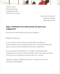 la lettre pour resilier un abonnement de sport sans engagement