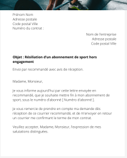 la lettre pour resilier un abonnement de sport hors engagement