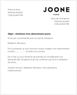 la lettre pour resilier un abonnement de box joone