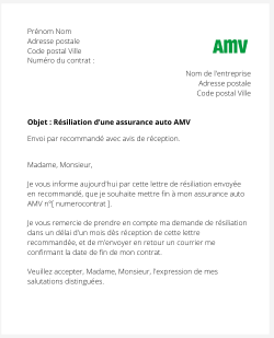 lettre resiliation contrat auto AMV