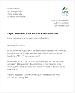 la lettre pour resilier une assurance logement mnt