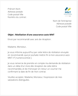 lettre resiliation contrat auto mnt