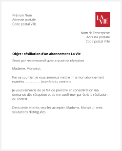 la lettre pour résilier la vie