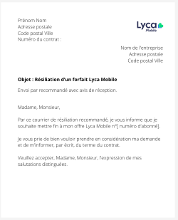 la lettre pour resilier une offre mobile Lyca