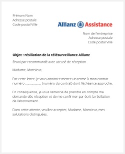 la lettre pour resilier un contrat allianz telesurveillance