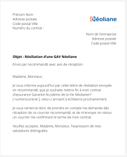 la lettre pour resilier une gav neoliane