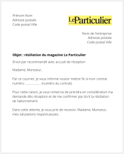 la lettre pour resilier un abonnement le particulier