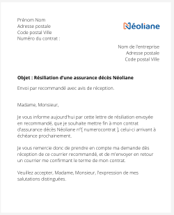 la lettre pour resilier une assurance deces neoliane