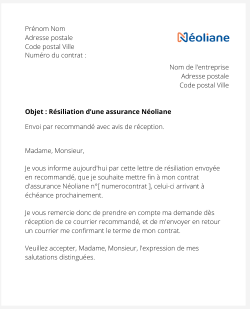 la lettre pour resilier une assurance neoliane