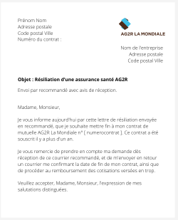 la lettre pour resilier une mutuelle ag2r la mondiale