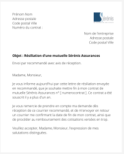 la lettre pour resilier une mutuelle serenis