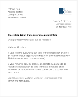 lettre resiliation contrat auto serenis