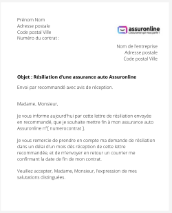 lettre resiliation contrat auto assuronline