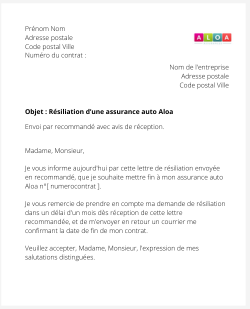 lettre resiliation contrat auto aloa Assurances