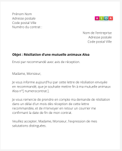 la lettre pour resilier une mutuelle animaux aloa