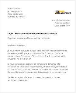 la lettre pour resilier une mutuelle euro assurance