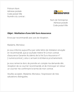 la lettre pour resilier une gav euro assurance