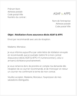 la lettre pour resilier une assurance deces asaf afps