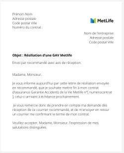 la lettre pour resilier une gav metlife