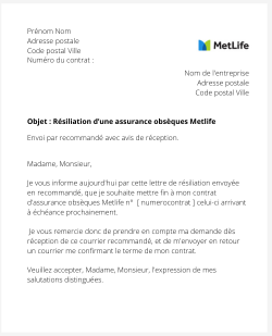 la lettre pour resilier une assurance obseques metlife