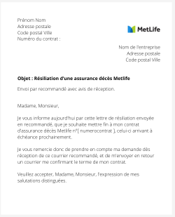 la lettre pour resilier une assurance deces metlife