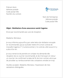 la lettre pour resilier une mutuelle cegema