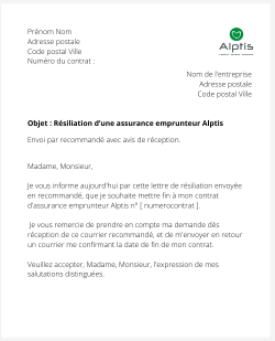 la lettre pour resilier une assurance emprunteur alptis