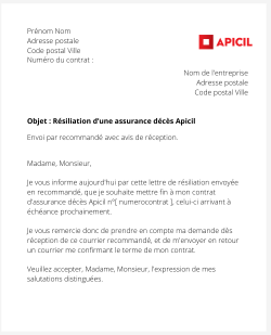 la lettre pour resilier une assurance deces apicil