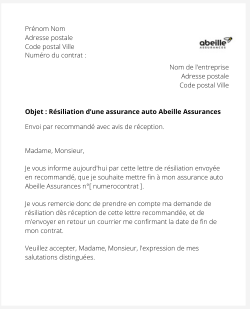 lettre resiliation contrat auto abeille assurances