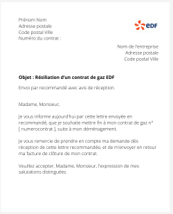 la lettre pour resilier un contrat de gaz edf