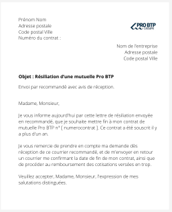 la lettre pour resilier une mutuelle pro btp