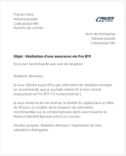 la lettre pour resilier une assurance vie pro btp