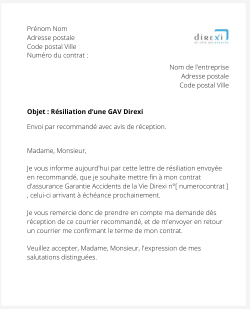 la lettre pour resilier une gav direxi