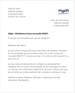 la lettre pour resilier une mutuelle mgefi