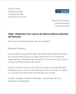 la lettre pour resilier un contrat de telesurveillance la mutuelle des motards