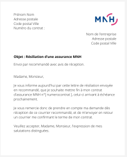 la lettre pour resilier une assurance mnh