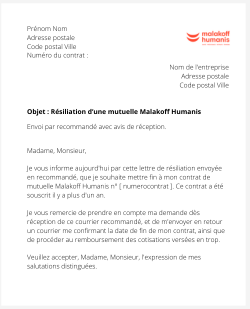 la lettre pour resilier une mutuelle malakoff humanis