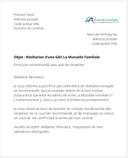 la lettre pour resilier une gav la mutuelle familiale