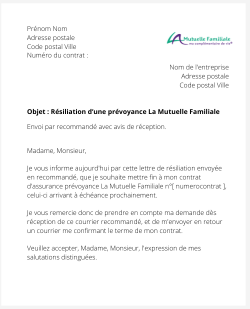 la lettre pour resilier une prevoyance la mutuelle familiale