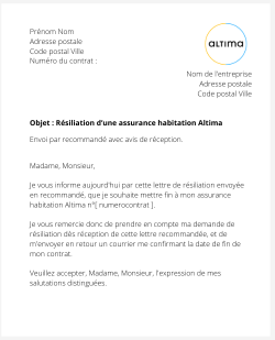 la lettre pour resilier une assurance logement altima